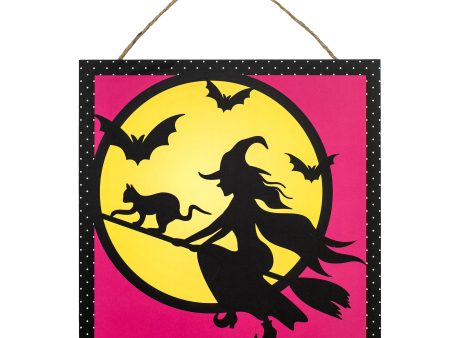 10  Square Wooden Sign: Witch Flying in Moon on Pink For Discount