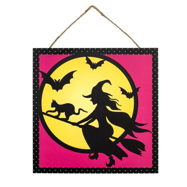 10  Square Wooden Sign: Witch Flying in Moon on Pink For Discount