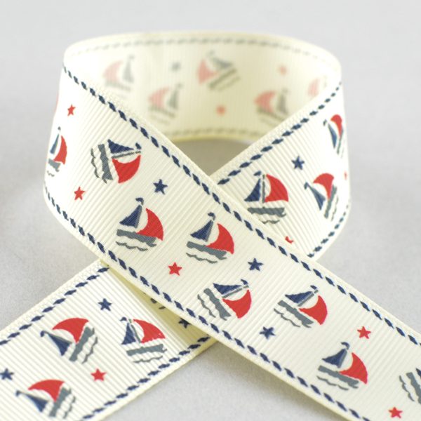 1  Sailboat Grosgrain Ribbon: Ivory, Navy & Red (25 Yards) Hot on Sale