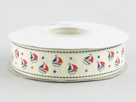 1  Sailboat Grosgrain Ribbon: Ivory, Navy & Red (25 Yards) Hot on Sale