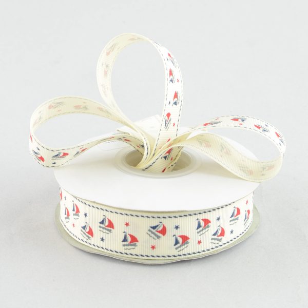 1  Sailboat Grosgrain Ribbon: Ivory, Navy & Red (25 Yards) Hot on Sale