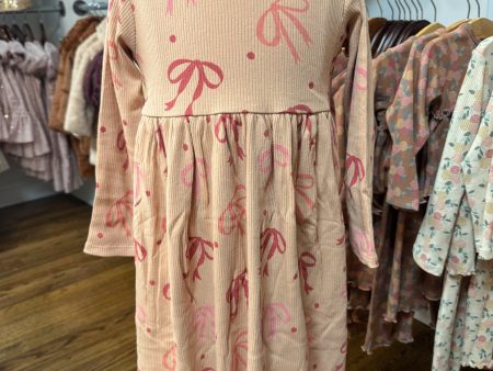 Rib Long Sleeve Dress: Pink Bows Hot on Sale