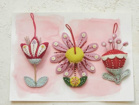 Handmade Wool Felt Flower Ornament w  Embroidery & Beads, 3 Styles Sale