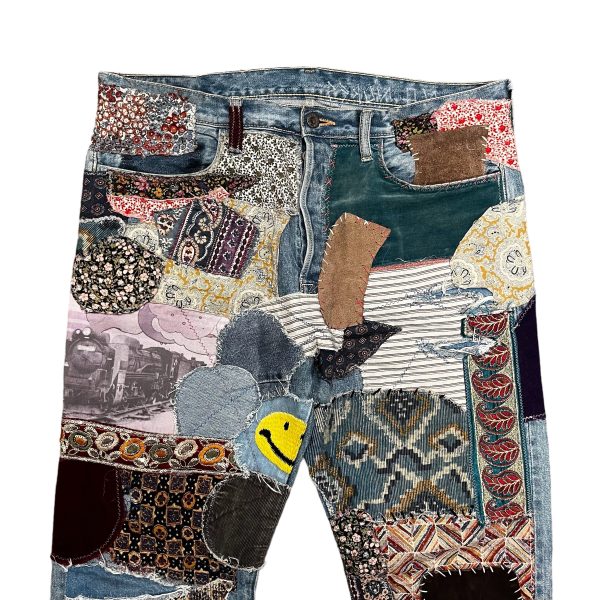 KAPITAL Bootcut Pants 36 Denim BLU Button Fly All Over Print PATCHWORK PANTS For Sale