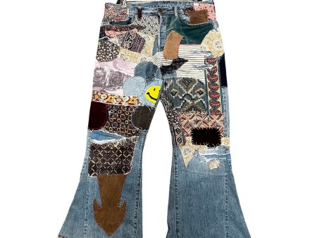 KAPITAL Bootcut Pants 36 Denim BLU Button Fly All Over Print PATCHWORK PANTS For Sale