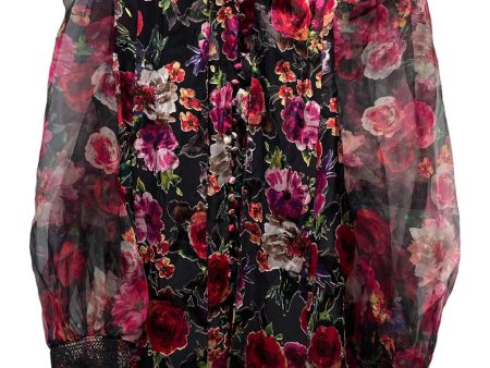 alice+olivia Blouse L Floral Pattern Silk BLK  Online Sale