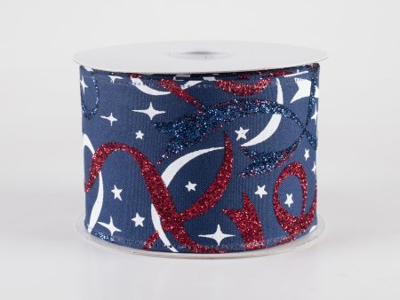 2.5  Red & Blue Glitter White Star Ribbon: Navy (10 Yards) Online