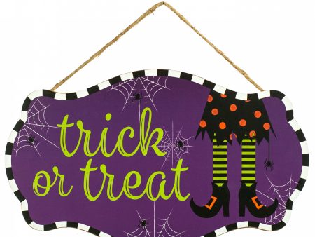 12  Wooden Scalloped Sign: Trick or Treat Witch Legs Discount