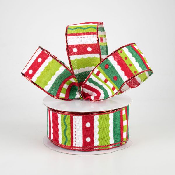 1.5  Whimsy Stripe Ribbon: Lime, Red, White (10 Yards) on Sale