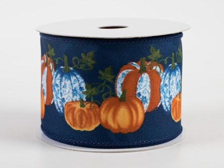 2.5  Satin Toile Pumpkins Ribbon: Navy, Blue, Orange (10 Yards) Online Sale