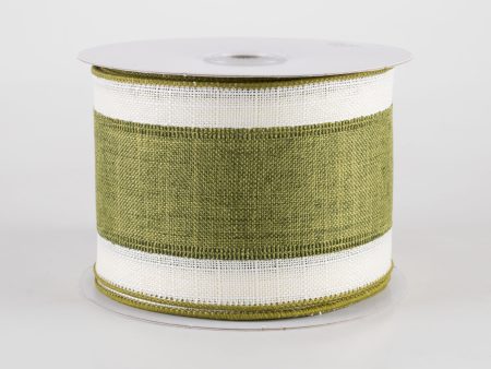 2.5  Textured Linen Overlay Stripe Ribbon: Moss on Ivory (10 Yards) For Cheap