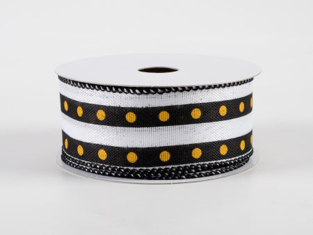 1.5  Dot Stripe Linen Ribbon: Black, White, Yellow (10 Yards) Sale