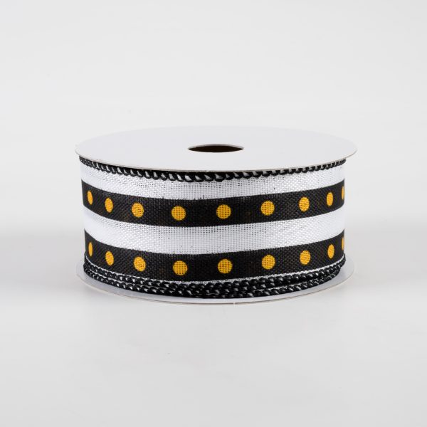 1.5  Dot Stripe Linen Ribbon: Black, White, Yellow (10 Yards) Sale