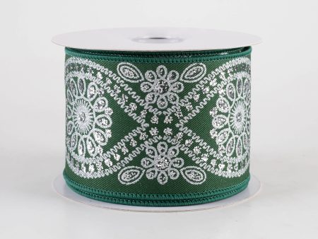 2.5  Deluxe Wavy Floral Ribbon: Hunter Green & Silver (10 Yards) For Sale