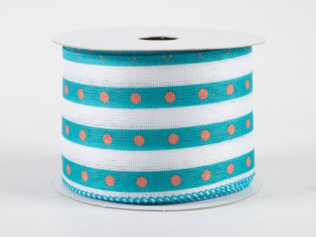 2.5  Dot Stripe Linen Ribbon: White, Teal, Coral (10 Yards) on Sale