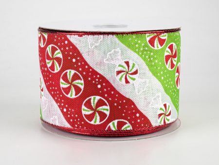 2.5  Diagonal Peppermint Stripes Ribbon: Red, Lime, White (10 Yards) Fashion