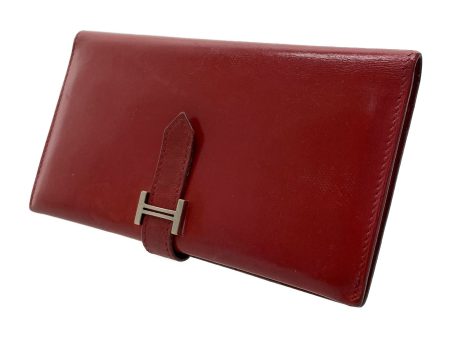 #HERMES Long Wallet RED Leather Plain Fashion