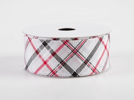 1.5  Diagonal Plaid Ribbon: White, Silver, Black, Red (10 Yards) Online now