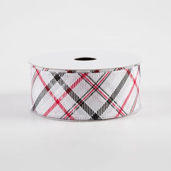 1.5  Diagonal Plaid Ribbon: White, Silver, Black, Red (10 Yards) Online now