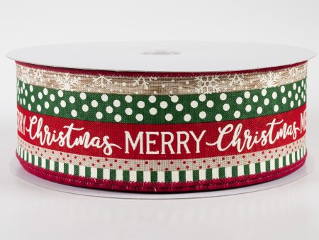 2.5  Merry Christmas, Dots, Stripes Linen Ribbon: Natural, Red, Green (50 Yards) on Sale