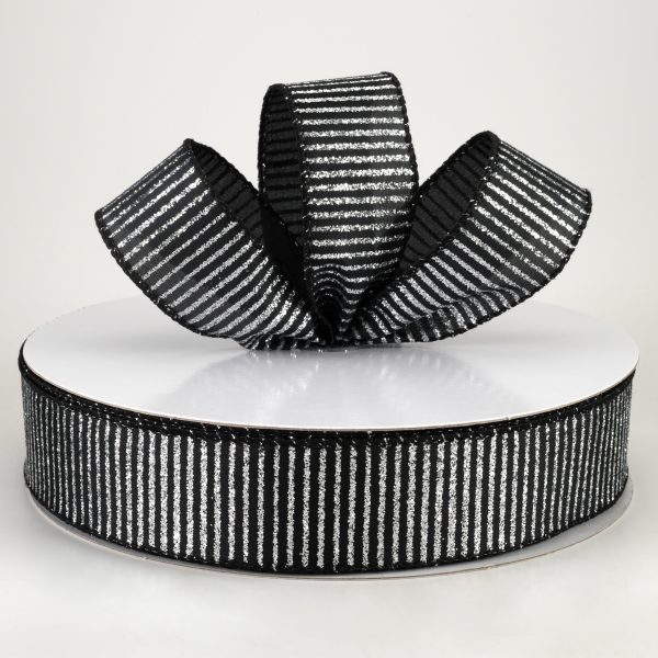 1.5  Satin Horizontal Glitter Stripe Ribbon: Silver on Black (50 Yards) Online now