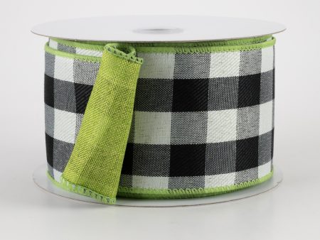 2.5  Two Sided Buffalo Plaid & Linen Ribbon: Black, White, Lime Green (10 Yards) on Sale