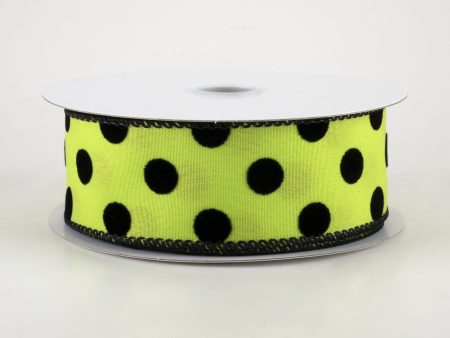 1.5  Flocked Dots Ribbon: Lime & Black (10 Yards) For Sale