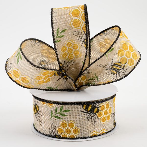 1.5  Honeycomb Bee Linen Ribbon: Natural (10 Yards) Hot on Sale