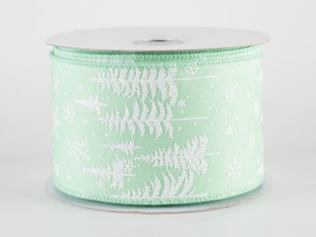 2.5  Glittered Pine Trees & Snowflakes Ribbon: Mint Green (10 Yards) Fashion