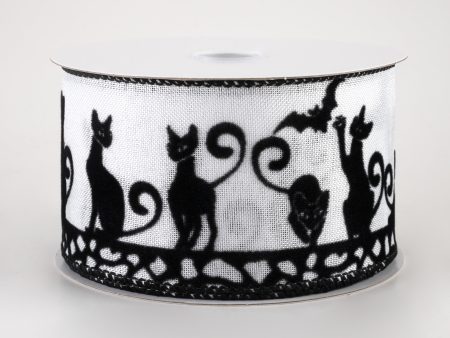 2.5  Flocked Halloween Cats Ribbon: White (10 Yards) Hot on Sale