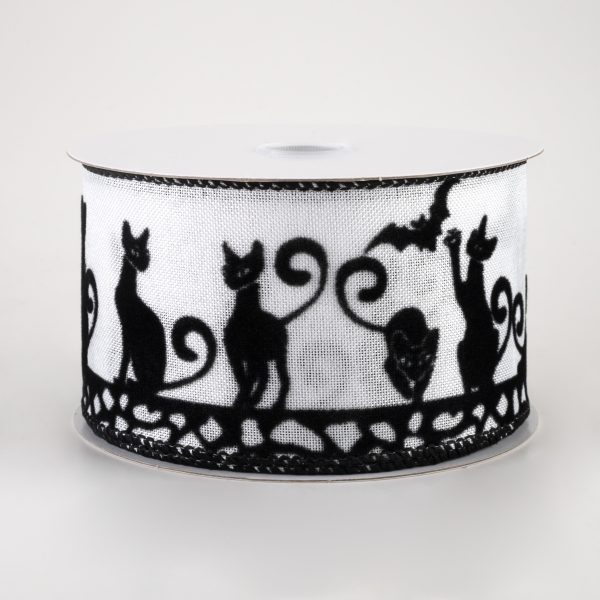 2.5  Flocked Halloween Cats Ribbon: White (10 Yards) Hot on Sale