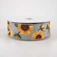 1.5  Linen Sunflowers & Leaves Ribbon: Grey (10 Yards) on Sale