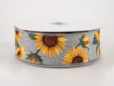 1.5  Linen Sunflowers & Leaves Ribbon: Grey (10 Yards) on Sale