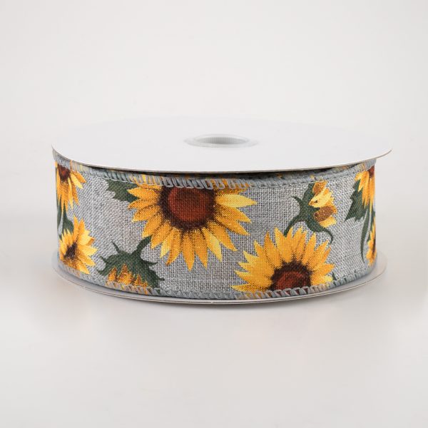 1.5  Linen Sunflowers & Leaves Ribbon: Grey (10 Yards) on Sale