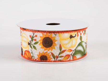 1.5  Satin Pumpkins & Sunflowers Ribbon: Cream (10 Yards) Supply