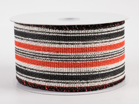 2.5  Burlap Vertical Stripe Ribbon: Ivory, Orange, Black (10 Yards) For Sale