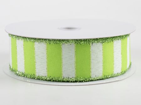 1.5  Linen Stripes Tinsel Edge Ribbon: Lime & White (10 Yards) Online now