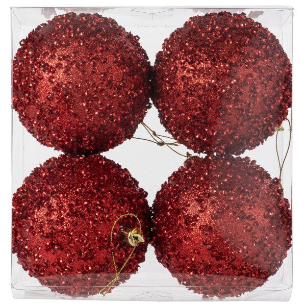 100mm Sequin & Glitter Ball Ornaments: Red (Box of 4) Supply