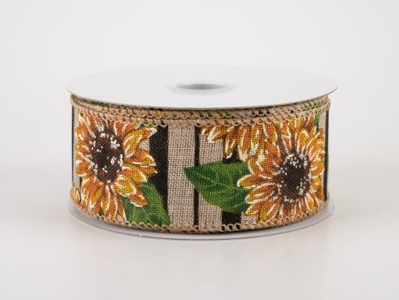 1.5  Sunflowers on Black Striped Linen Ribbon (10 Yards) Sale