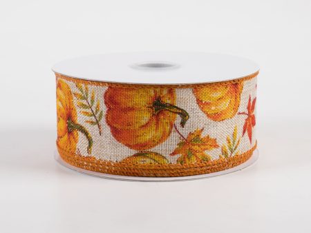 1.5  Linen Fall Leaves & Pumpkins Ribbon: Natural (10 Yards) For Sale