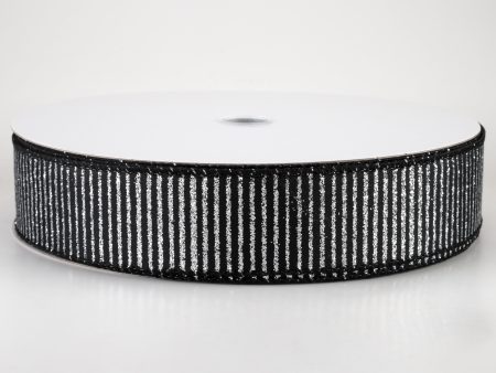 1.5  Satin Horizontal Glitter Stripe Ribbon: Silver on Black (50 Yards) Online now