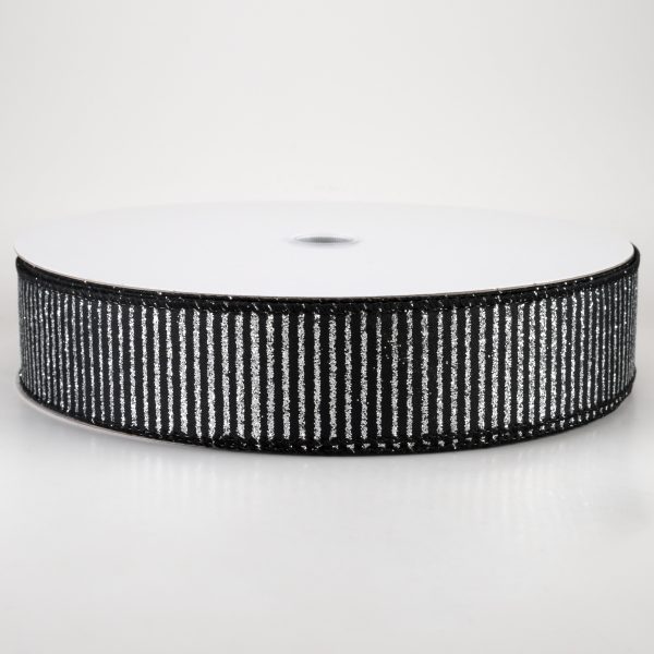 1.5  Satin Horizontal Glitter Stripe Ribbon: Silver on Black (50 Yards) Online now