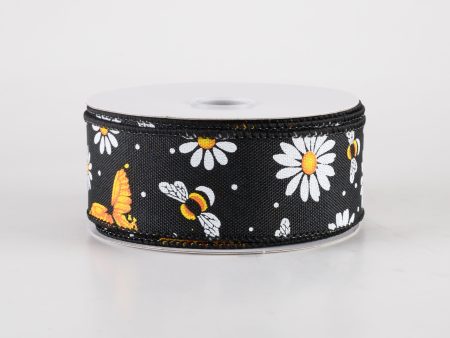 1.5  Linen Butterfly, Bees, Daisies Ribbon: Black (10 Yards) For Sale