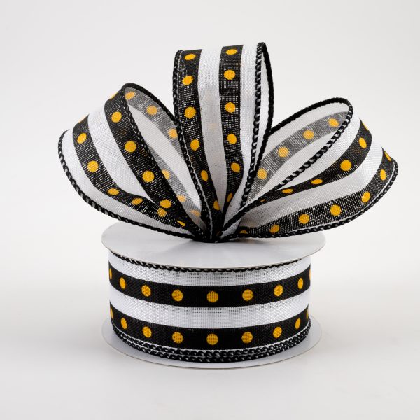 1.5  Dot Stripe Linen Ribbon: Black, White, Yellow (10 Yards) Sale