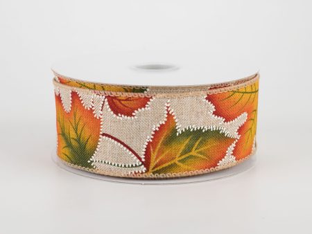 1.5  Natural Linen Dotted Fall Leaves Ribbon (10 Yards) Discount