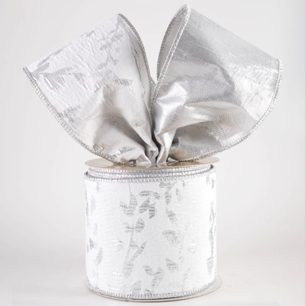 4  Designer Double Sided Metallic Leaf Ribbon: White & Platinum Silver (10 Yards) Online now