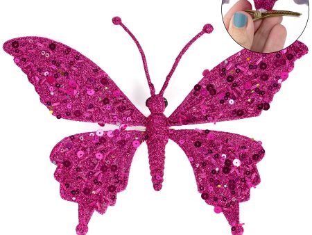 10  Glitter Butterfly Clip Ornament: Fuchsia Pink For Sale