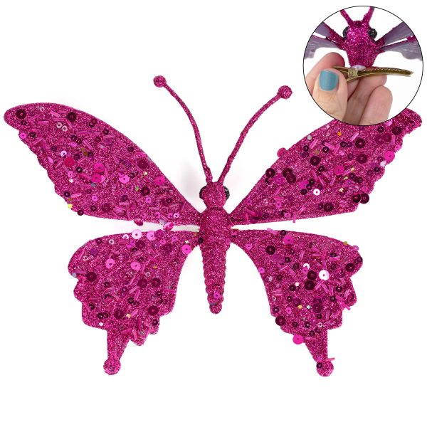 10  Glitter Butterfly Clip Ornament: Fuchsia Pink For Sale