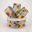 1.5  Linen Sunflowers & Leaves Ribbon: Grey (10 Yards) on Sale