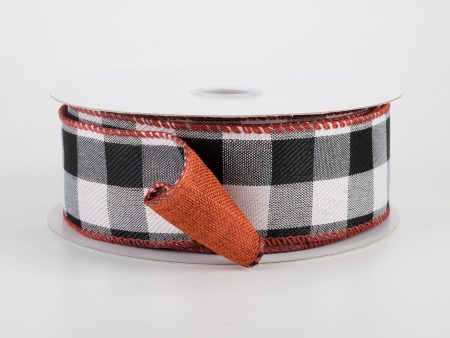 1.5  Two Sided Buffalo Plaid & Linen Ribbon: Black, White, Rust (10 Yards) For Cheap